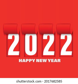 2022 Feliz Año Nuevo. Texto blanco de fondo rojo. Cartel de promoción o pancarta. Texto detrás del papel curvado. EPS10 vectores