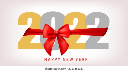 2022 Happy New Year. Red festive ribbon with bow. Nmbers 2022 on white background.