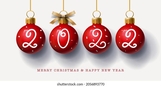 2022 Happy New Year. Red bauble with number, Christmas decoration. Celebrate party 2022. Xmas Poster, banner, cover card, brochure, flyer, layout design, vector image