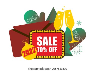 2022 Happy New Year Sale and  Merry Christmas card.
Small people are preparing for holiday.
Modern Cartoon Flat Design Concept for website, Mobile app page, Landing Page. Vector illustration