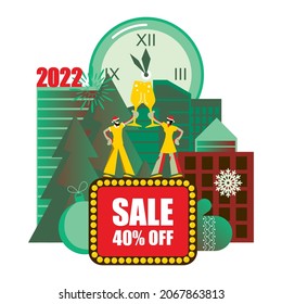 2022 Happy New Year Sale and  Merry Christmas card.
Small people are preparing for holiday.
Modern Cartoon Flat Design Concept for website, Mobile app page, Landing Page. Vector illustration