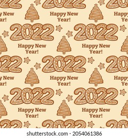 2022 Happy New Year. Seamless pattern. Gingerbread lettering, stars and christmas tree. Vector illustration for the design of New Year cards, calendars and posters from pastry chefs and bakers.