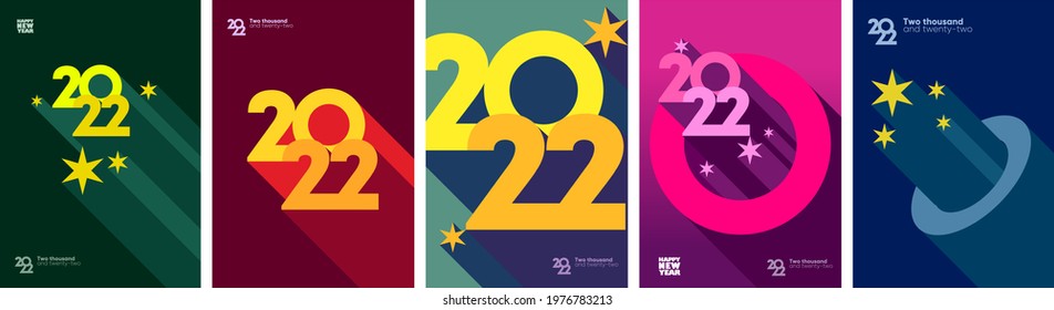 2022. Happy New Year. Set of vector illustrations. Design templates with logo 2022. Minimalistic background for banner, cover, poster.