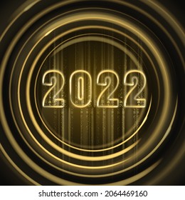 2022 Happy New Year shiny gold color shiny numbers banner design template. Realistic text flash light, flow circle golden particles, glitter, sparkles dust, black background. Vector illustration