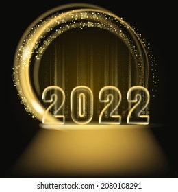 2022 Happy New Year shiny gold color shiny numbers banner design template. Realistic text flash light, flow circle golden particles, glitter, sparkles dust, black background. Vector illustration