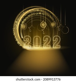 2022 Happy New Year shiny gold color shiny numbers banner design template. Realistic text flash light, flow circle golden particles, glitter, sparkles dust, black background. Vector illustration