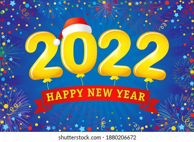 2022 A Happy New Year sign, congrats concept. Creative 3D logotype. Confetti and fireworks. Abstract isolated graphic design template. Decorative balloon numbers. Yellow digits. Christmas decoration.
