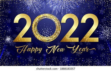 2022 A Happy New Year sign, congrats concept. Logotype in 3D style. Beautiful snowy backdrop. Abstract isolated graphic design template. Decorative numbers. Golden digits Creative Christmas decoration