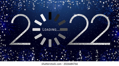 2022 A Happy New Year sign, congrats concept. Shiny numbers. Glittering frame. Abstract isolated graphic design template. Decorative loading spinning icon. Digital clock. Creative Christmas decoration