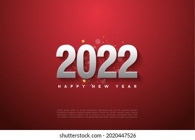 2022 happy new year with silver numbers on dark red background.