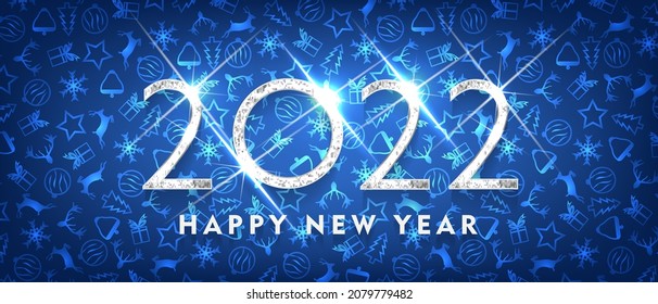 2022 Happy new year. Silver Design of greeting card. Silver Shining Pattern. Happy New Year Banner with 2022 Numbers on Bright Background. Vector illustration