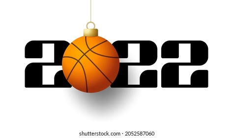 2022 Happy New Year. Sports greeting card with golden basketball ball on the luxury background. Vector illustration.