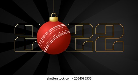 2022 Happy New Year. Sports greeting card with golden cricket ball on the luxury background. Vector illustration.