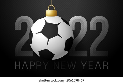 2022 Happy New Year. Sports greeting card with soccer and world football cup ball on the luxury background. Vector illustration.