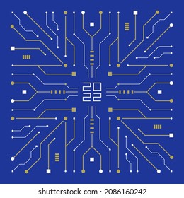 2022 Happy new year technology concept image. Abstract digital illustration of microchip board on snowflake shape on blue background. Happy new year and merry christmas card.