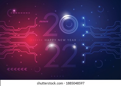 2022. Happy new year 2022 text design with circuit board technology background. Vector illustration	