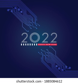 2022. Schönes neues Jahr 2022 Textdesign mit Leiterplatten-Technologie-Hintergrund. Vektorgrafik	