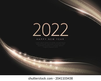 2022 Happy New Year Text With Light Effect Abstract Wave Over Black Background.