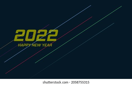 
2022 Happy New Year text design with golden numbers on blue background with simple line. Holiday banner, poster, greeting card or invitation template. Year of the rat. Copy space. Vector illustration
