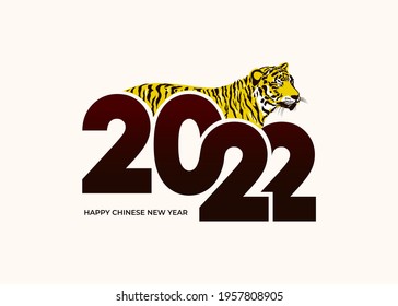 2022 Happy new year. Year of tiger drawing tiger black and yellow lines lying on numbers 2022 for poster, web, social networks story and posts. Vector brochure, banner, invitation card.