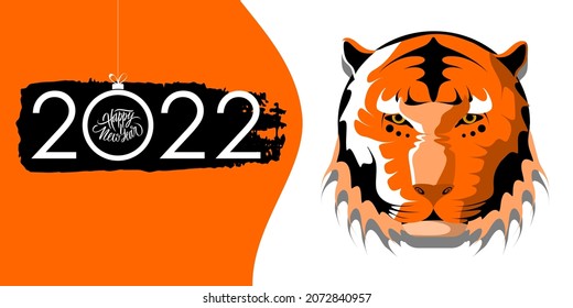 2022 Happy New Year, year of tiger celebrate banner with handwritten holiday greetings Happy New Year and tiger head. Vector illustration.