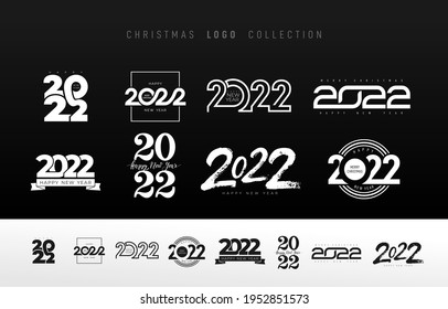 2022 Happy New Year trending logo design set. Decoration for new year holidays. 2022 Christmas numbers design template. Big Collection of 2022 happy New Year symbols. Black and white vector elements.