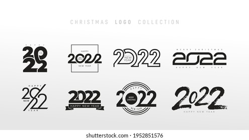 2022 Happy New Year trending logo design set. 2022 Christmas numbers design template. Big Collection of 2022 happy New Year symbols. Black vector elements, isolated on white background.