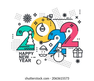 2022 Happy New Year trendy and minimalistic card or background.
Modern thin contour line design concept. Flat, outline.
Isolated on white background. Vector illustration