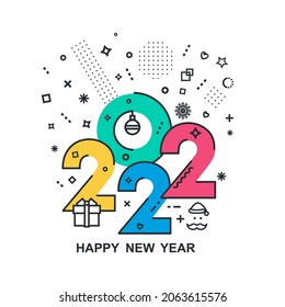 2022 Happy New Year trendy and minimalistic card or background.
Modern thin contour line design concept. Flat, outline.
Isolated on white background. Vector illustration