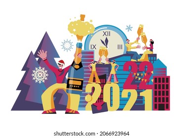 2022 Happy New Year trendy and minimalistic card or background.
Small people are preparing for holiday.
