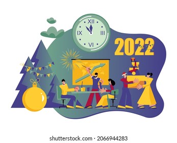 2022 Happy New Year trendy and minimalistic card or background.
Small people are preparing for holiday.
