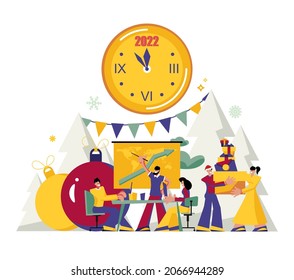 2022 Happy New Year trendy and minimalistic card or background.
Small people are preparing for holiday.

