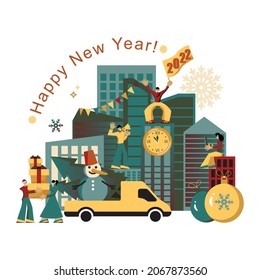 2022 Happy New Year trendy and minimalistic card or background.
Small people are preparing for holiday.
Modern Cartoon Flat Design Concept for website, Mobile app page, Landing Page. Vector 