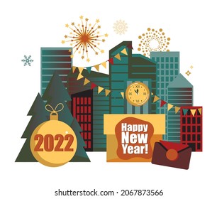 2022 Happy New Year trendy and minimalistic card or background.
Small people are preparing for holiday.
Modern Cartoon Flat Design Concept for website, Mobile app page, Landing Page. Vector 