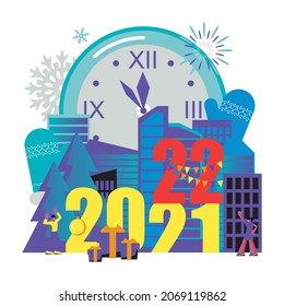 2022 Happy New Year trendy and minimalistic card or background.
Small people are preparing for holiday.
Modern Cartoon Flat Design Concept for website, Mobile app page, Landing Page. Vector