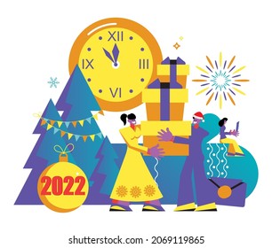 2022 Happy New Year trendy and minimalistic card or background.
Small people are preparing for holiday.
Modern Cartoon Flat Design Concept for website, Mobile app page, Landing Page. Vector