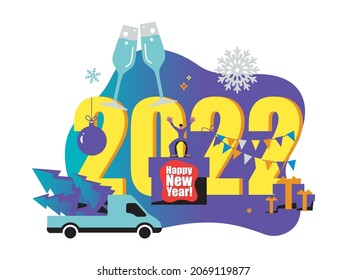 2022 Happy New Year trendy and minimalistic card or background.
Small people are preparing for holiday.
Modern Cartoon Flat Design Concept for website, Mobile app page, Landing Page. Vector