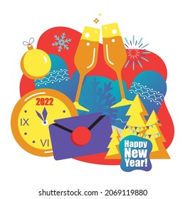 2022 Happy New Year trendy and minimalistic card or background.
Small people are preparing for holiday.
Modern Cartoon Flat Design Concept for website, Mobile app page, Landing Page. Vector