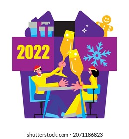 2022 Happy New Year trendy and minimalistic card or background.
Small people are preparing for holiday.
Modern Cartoon Flat Design Concept for website, Mobile app page, Landing Page. Vector 