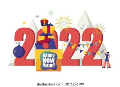 2022 Happy New Year trendy and minimalistic card or background.
Small people are preparing for holiday.
Modern Cartoon Flat Design Concept for website, Mobile app page, Landing Page. Vector