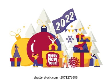 2022 Happy New Year trendy and minimalistic card or background.
Small people are preparing for holiday.
Modern Cartoon Flat Design Concept for website, Mobile app page, Landing Page. Vector