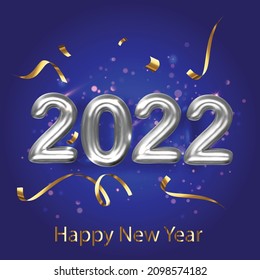 2022 Feliz Año Nuevo. Año nuevo 2022: dos mil veintidós. Banner de vacaciones de año nuevo, fondo cuadrado azul. Letra luminosa de la plantilla de globo de color plateado. Ilustración vectorial EPS 10.