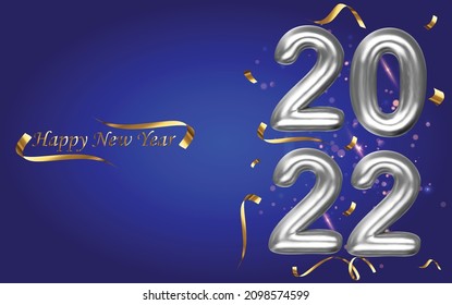 2022 Happy New Year. 2022 new year two thousand and twenty two. New year holiday banner, blue rectangle background. Bright silver color balloon template letter. EPS 10 vector illustration.