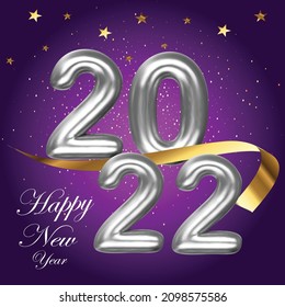 2022 Happy New Year. 2022 new year two thousand and twenty two. New year holiday banner, purple square background. Bright silver color balloon template letter. EPS 10 vector illustration.