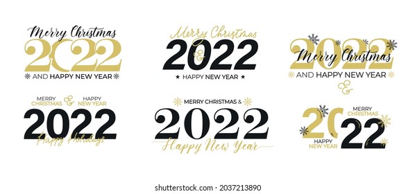 2022 Happy New Year typographic label, stamp, logo set. Flat style vector illustration. Merry Christmas templates for logo,banner, greeting card etc. Black, white and gold holiday design.