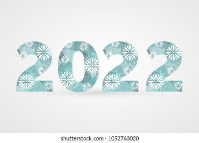 2022 Happy New Year vector illustration. Winter holiday snow symbol for celebration. Decorative polygonal sign with snowflakes. Blue and white geometric decoration