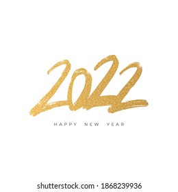 2022 Feliz Año Nuevo. Texto dorado vectorial con textura brillante dorada. Impresión caligráfica manuscrita.