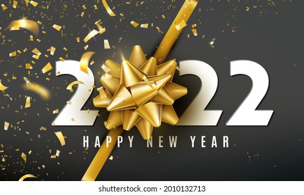 2022 Happy New Year vector background with golden gift bow, confetti, white numbers. Christmas celebrate design. Festive premium concept template for holiday.