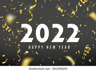 2022 Frohes Neujahr, Vektorhintergrund mit goldenen serpentinen Bändern, Konfetti, großen weißen Zahlen. Weihnachten feiert Design. Festliche Premium-Konzept-Vorlage für Feiertage.
