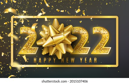 2022 Happy New Year vector background with golden gift bow, confetti, shiny glitter gold numbers and border. Christmas celebrate design. Festive premium concept template for holiday.
